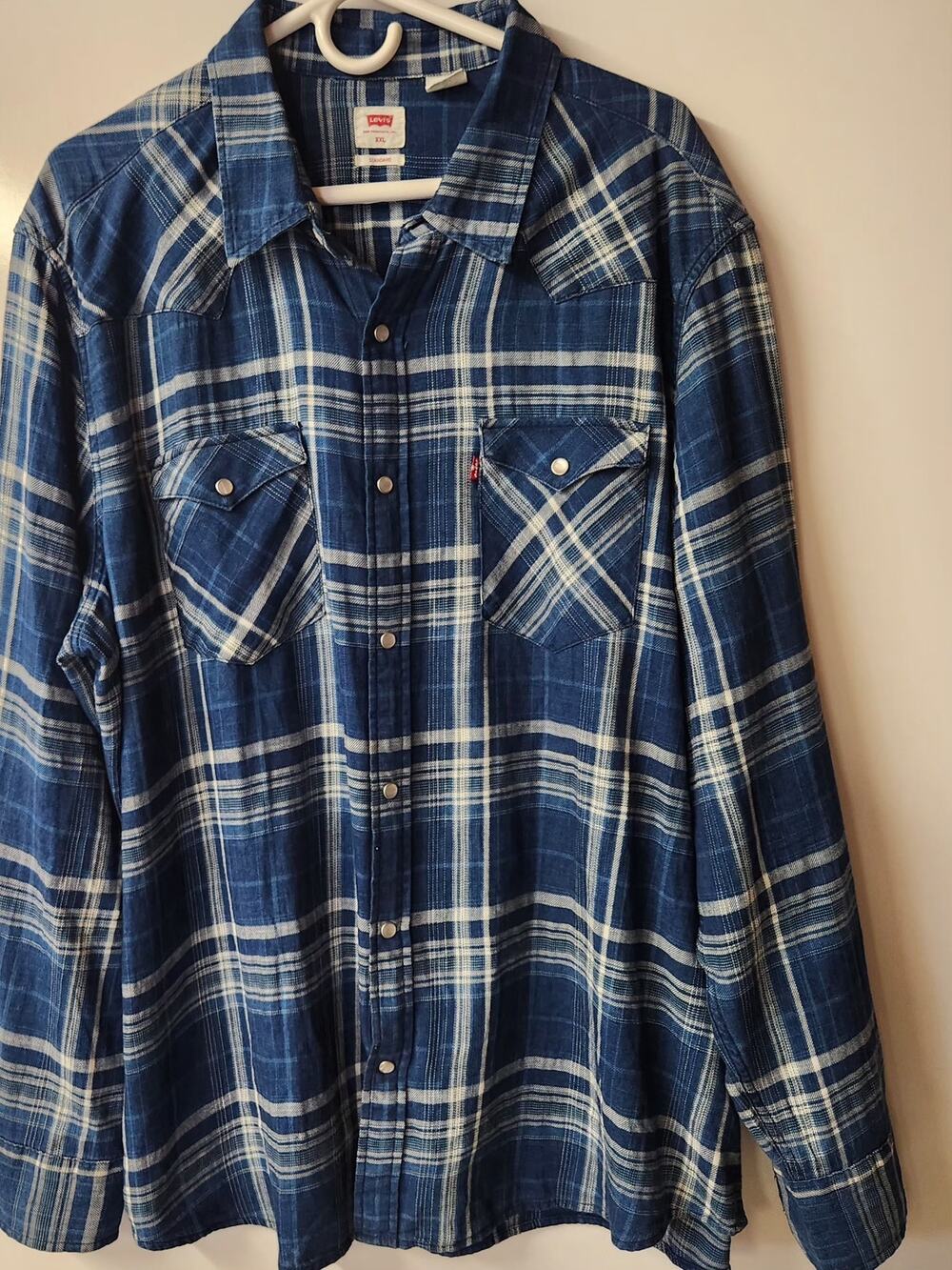 Men’s sz XXL Levi's Western Pearl Snap Button-up Indigo-dyed Plaid Shirt